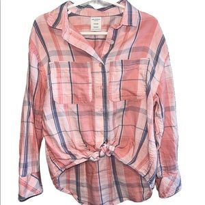 Arizona, pink & blue plaid, tie front, button up shirt. Girl’s 6X